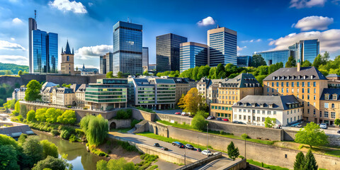 Business district with modern office buildings in Luxembourg City, Luxembourg, cityscape, financial center, skyscrapers