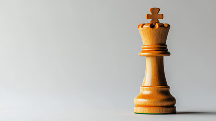 single chess king piece standing tall on light gray background, symbolizing strategy and power in game of chess. Its polished wooden surface reflects light beautifully, enhancing its elegant design