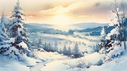 Watercolor of a snowy Christmas landscape