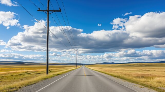 A long, empty road with a few power lines crossing it - Powered by Adobe