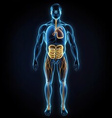 An illustration of the human body with an X-ray view showing anatomical details, including hearts and lungs, in blue color on a black background.
