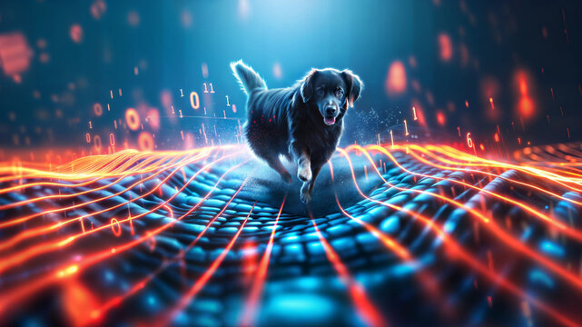 Dog running through futuristic digital landscape with binary code elements