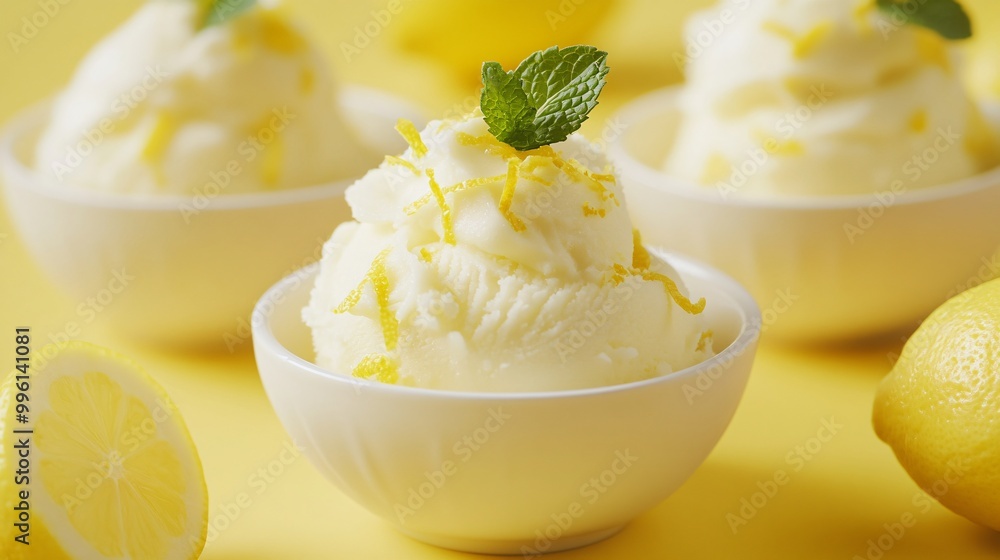 Wall mural closeup of lemon sorbet with a mint leaf, served in a white bowl, on a yellow background.