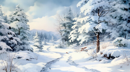Obraz premium Watercolor of a snowy Christmas landscape