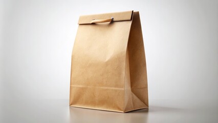Brown paper bag with handles is standing on a white background