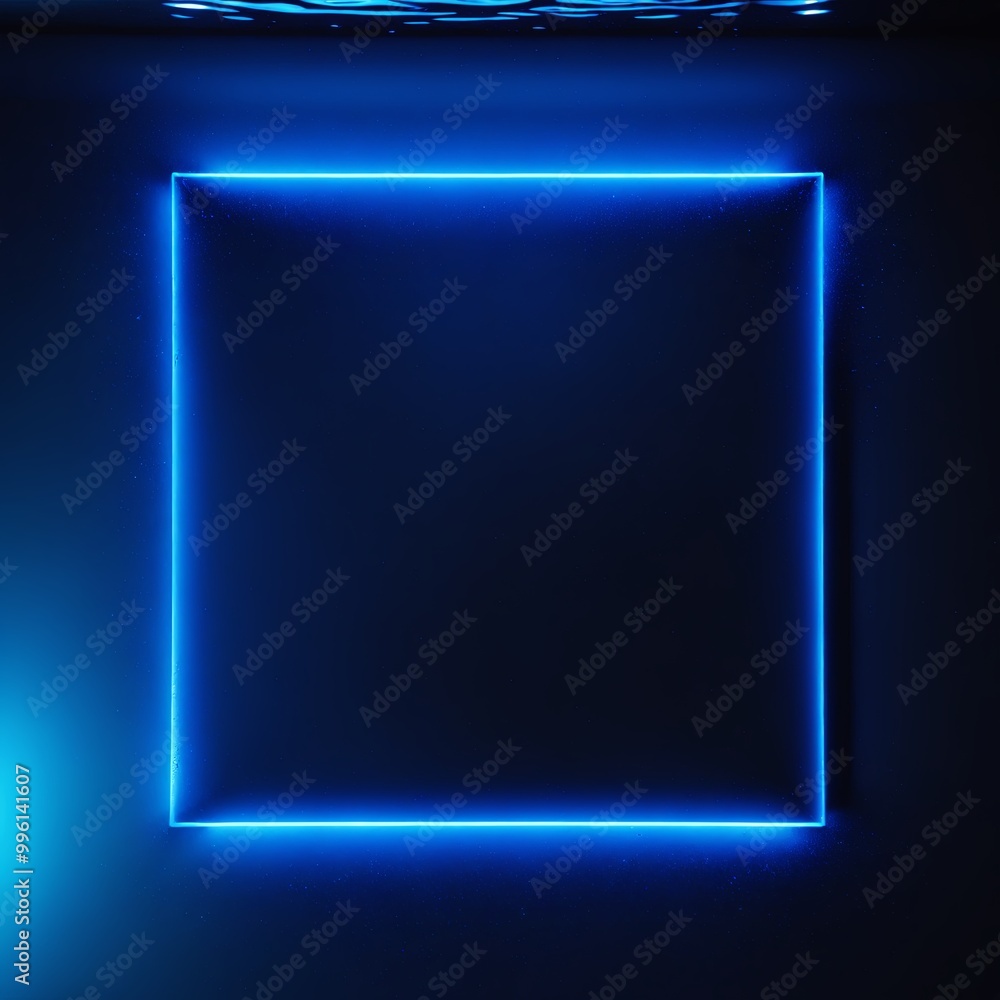 Poster glowing blue neon square frame submerged in water, with fluid waves splashing out, blending futurist