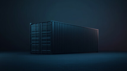 single container stands prominently against dark gradient background, exuding sense of mystery and industrial strength. lighting highlights its sleek design and robust structure, creating intriguing