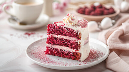 Photo of red velvet cake with white and pink layers on the table