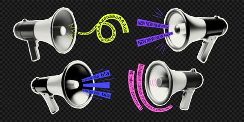 Vector loudspeaker for collage with elements of a doodle. Trendy elements with a halftone effect for collage, poster, banner, cover design.