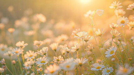 Beautiful daisy field at sunset with soft golden light and blooming flowers