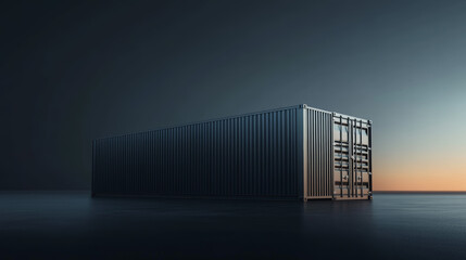 single shipping container stands prominently against dark gradient background, evoking sense of solitude and industrial strength. sleek lines and metallic texture reflect fading light, creating