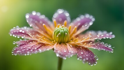 A close-up of a single pink flower with dew drops on the petals, blurred green background.