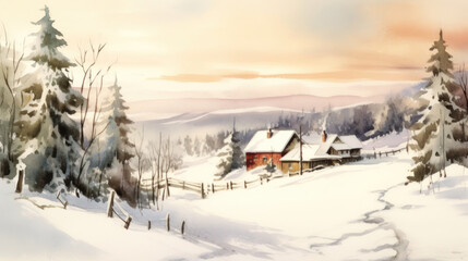 Watercolor of a snowy Christmas landscape