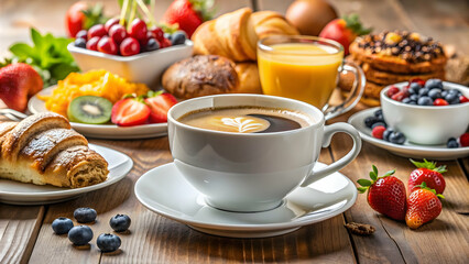 Coffee cup with breakfast items on a table, perfect for a morning pick-me-up, coffee, cup, breakfast, food, table