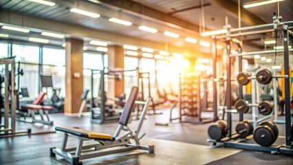Blurred gym background with exercise equipment and weightlifting area, fitness, workout, gym, health, exercise, training
