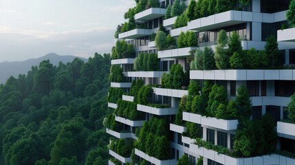 Eco-City in the Forest, a vibrant urban area embraced by dense trees, featuring sustainable transport systems, innovative green architecture, and harmonious nature integration.