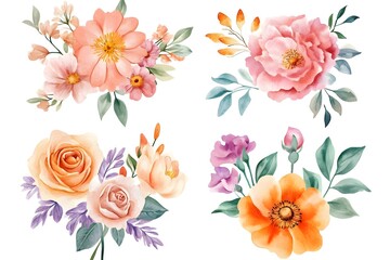 Set of watercolor flower bouquets, clipart isolated on a white background, in pastel colors,