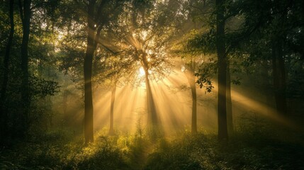 Sunbeams Streaming Through Misty Forest