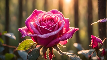A single pink rose with dew drops in the sunlight, surrounded by green leaves.