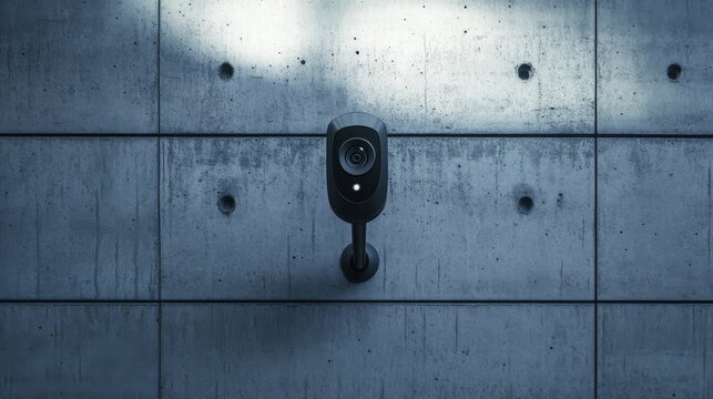 A sleek black security camera is mounted on a concrete wall.