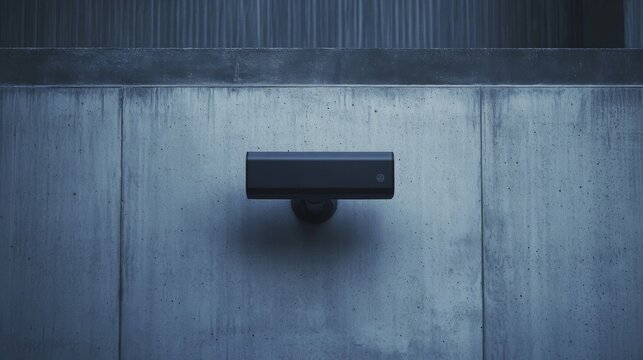 A sleek black security camera is mounted on a concrete wall.
