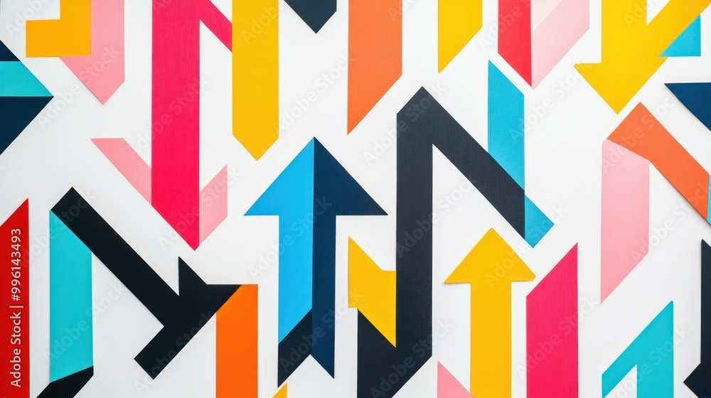 Poster a colorful geometric arrow pattern pointing in various directions, isolated on white