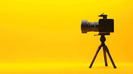 A sleek, professional video camera stands out against a bright yellow backdrop. There's room to add your own message.