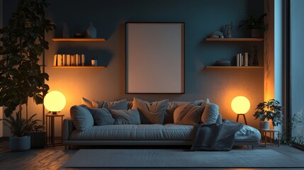 Cozy living room interior with warm lighting and modern decor