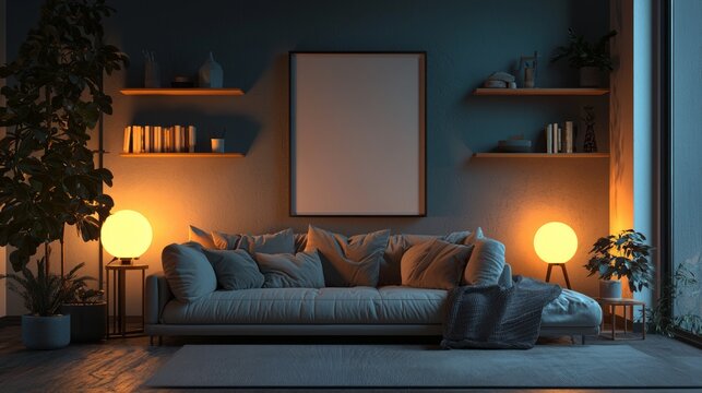 Cozy living room interior with warm lighting and modern decor