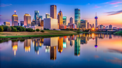 Fototapeta premium Skyline of Dallas, Texas reflecting in the Trinity River at dusk, Dallas, Texas, skyline, buildings, downtown