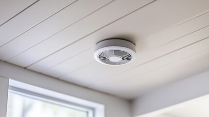A smoke detector is mounted on the white ceiling. It helps keep your home safe. This is part of your home security system.