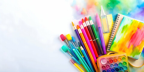 Double exposure showing white background school supplies with a watercolor effect