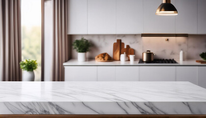 Modern empty white marble table for product display with kitchen room interior background