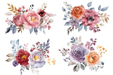 Set of watercolor flower bouquets, clipart isolated on a white background, in pastel colors,