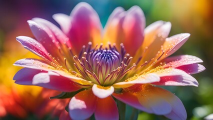 A close-up of a vibrant pink, yellow, and orange dahlia with dew drops on its petals.