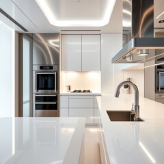 Modern kitchen with white cabinets and stainless steel appliances.