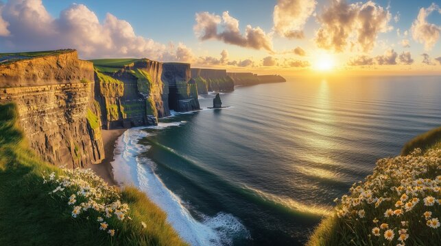 A beautiful sunset over the ocean with a rocky shoreline