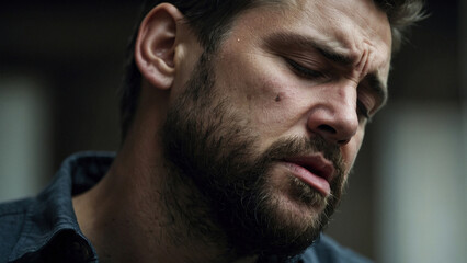 Obraz premium A close-up expressive photo portrait of distressed worried crying bearded man person with suffering expression on his face. Pain, headache, migraine, loss, grief, suffer illustration concept.