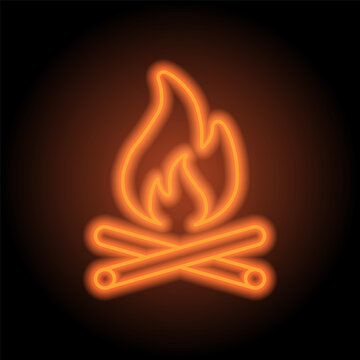 Campfire simple icon vector. Flat design. Orange neon on black background