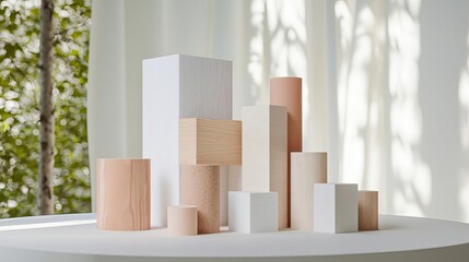 A collection of wooden geometric shapes in various sizes, arranged artistically on a circular surface against a soft background.