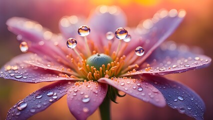 Fototapeta premium A close-up of a pink flower with dew drops on the petals, illuminated by the warm glow of the setting sun.