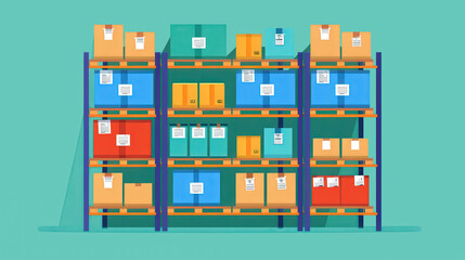 Fototapeta premium Storage Hub, a vibrant flat design illustration showcasing neatly labeled goods organized on shelves within a modern storage facility, emphasizing efficiency and order.
