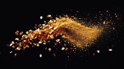 Golden flakes and particles scattered in mid-air, evoking luxury and radiance against a black background.