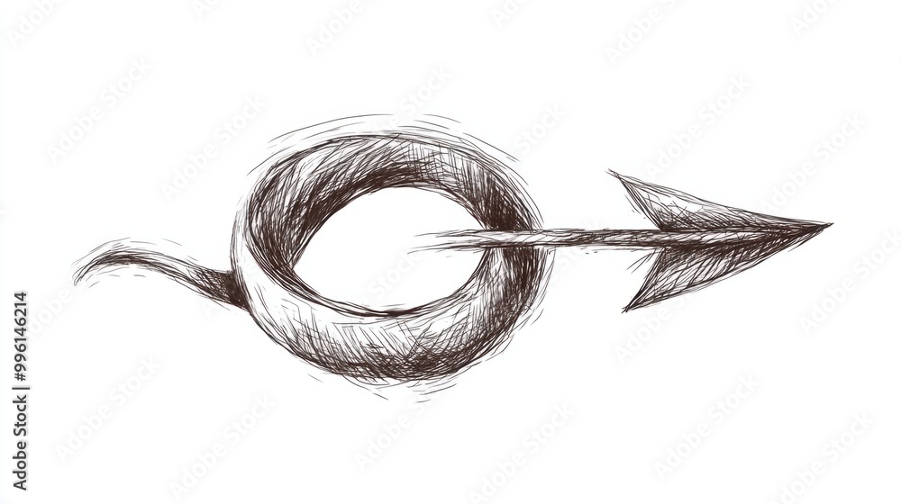 Poster a hand-drawn sketch of an arrow bending around in a loop, symbolizing cycles or return, isolated on 