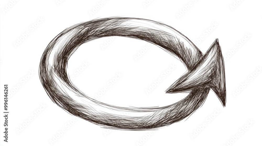 Poster a hand-drawn sketch of an arrow bending around in a loop, symbolizing cycles or return, isolated on 