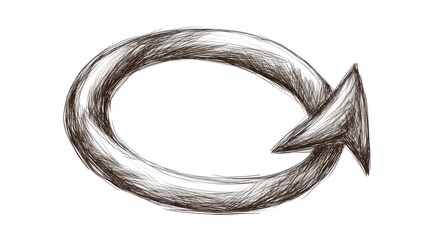 A hand-drawn sketch of an arrow bending around in a loop, symbolizing cycles or return, isolated on white