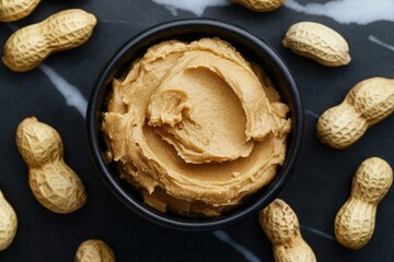 Fototapeta premium Peanut butter in a black bowl with nuts. This image is great for a blog post or website about healthy snacks.