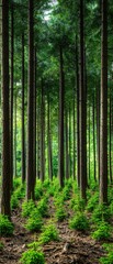 Fototapeta premium Lush forest with tall trees and vibrant greenery, showcasing the beauty of nature and tranquility in a serene environment.