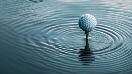 Golf ball on tee floating in water with ripples conceptual outdoor sports image