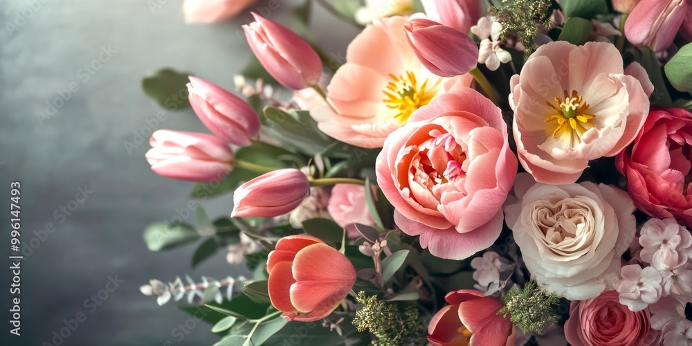 Wall mural A beautiful arrangement of pink and soft pastel flowers. The vibrant colors of tulips and peonies create a stunning centerpiece for any occasion. Perfect for weddings or decorations. AI